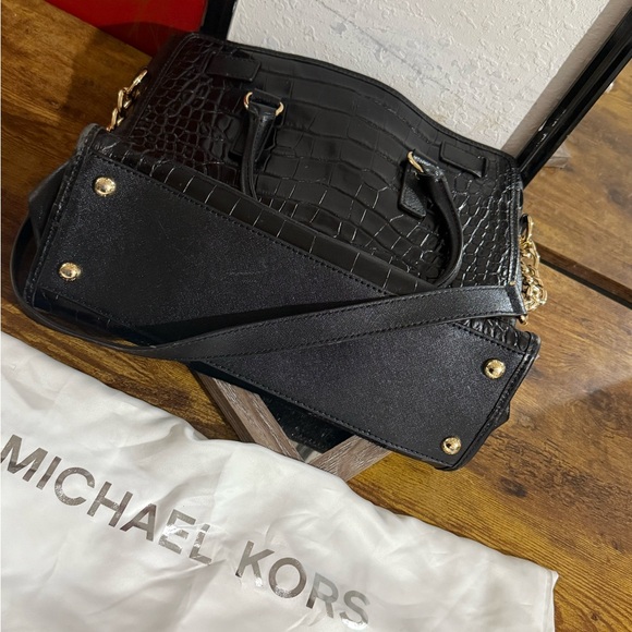 Michael Kors Hamilton Black Crocodile Embossed Calf Hair Snakeskin Tote Shoulder - Picture 3 of 3